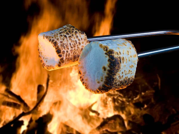 两个棉花糖被烤在篝火上 以制造烟雾 — 图库照片