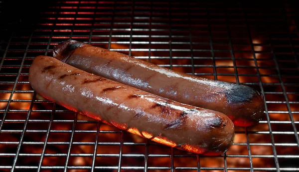 Hot Dogs Being Cooked Stripes Grill — Stock Photo, Image