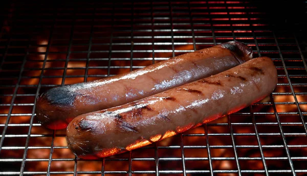 Hot Dogs Worden Gekookt Met Strepen Een Barbecue — Stockfoto