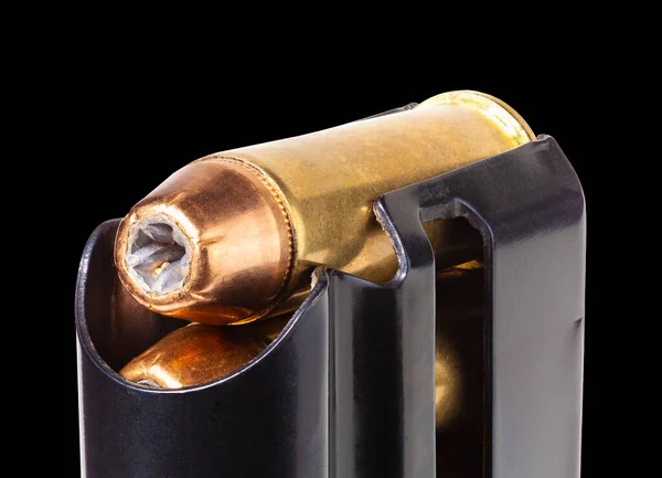 Hollow Point Bullets Pistol Magazine Black Background — Stock Photo, Image