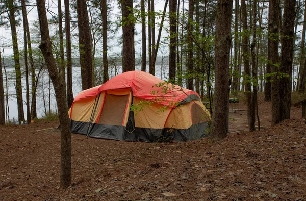 Two room tent pitched in a lakeside campsite in North Carolina