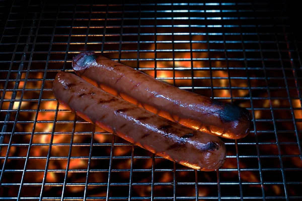 Pair Plump Hot Dogs Cooking Bbq — Stock Photo, Image