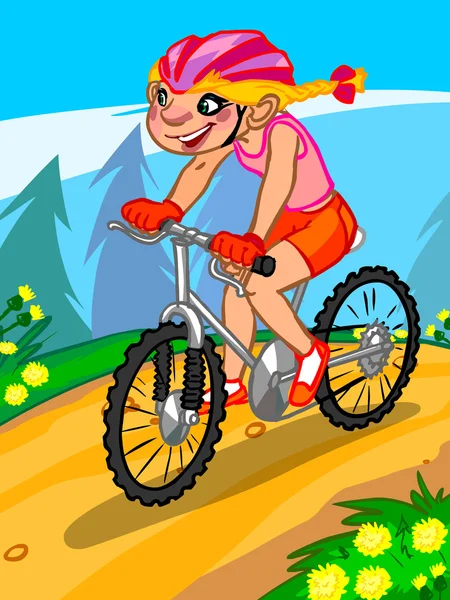 A ilustração de uma menina dos desenhos animados na bicicleta — Fotografia de Stock