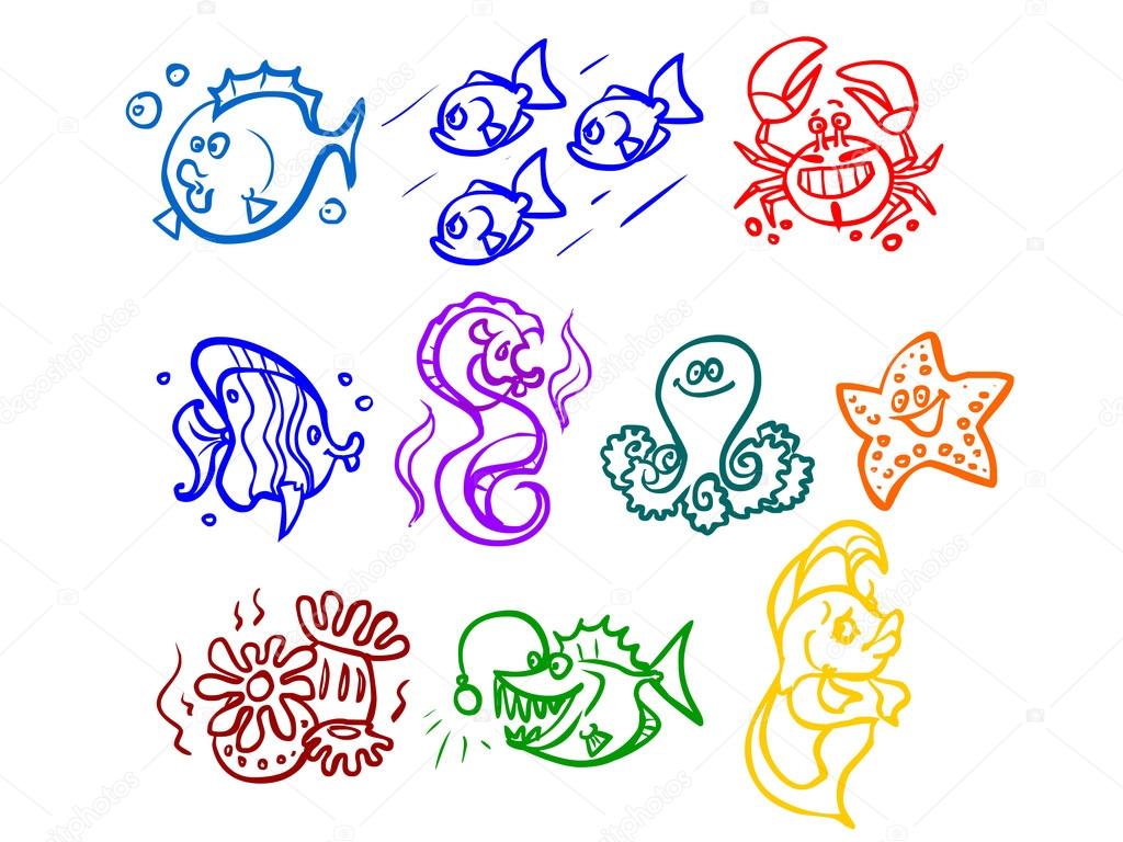 The illustration of cartoon sea animals.