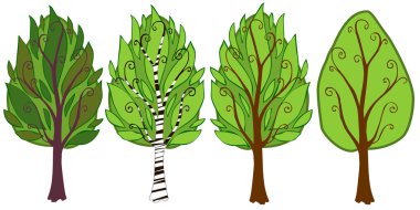 dört karikatür ağaç beyaz zemin üzerine, çizim. 