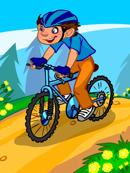 The illustration of a cartoon boy on a bicycle. — Stock Photo, Image