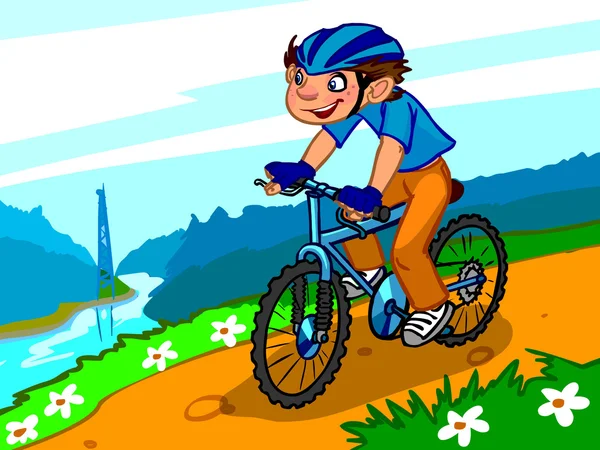 A ilustração de um menino dos desenhos animados em uma bicicleta . — Fotografia de Stock