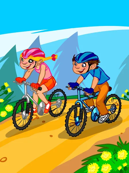 A ilustração de adolescentes desenhos animados na bicicleta . — Fotografia de Stock