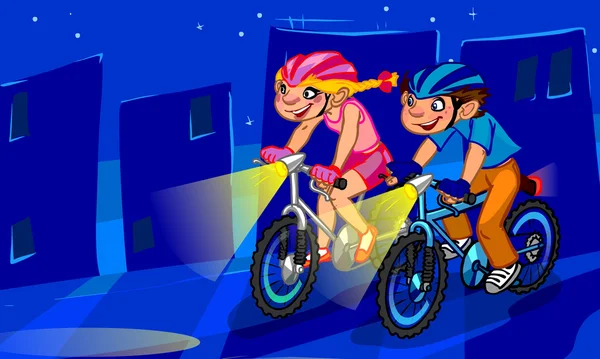 A ilustração de adolescentes de desenhos animados pedalando na cidade noturna . — Fotografia de Stock