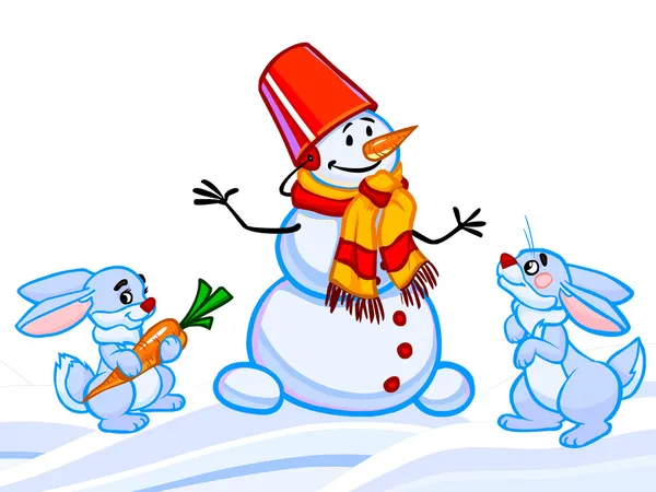 The cartoon illustration of a snowman and two rabbits and snowfl — Stock Image The cartoon illustration of a snowman and two rabbits and snowfl Stock Image