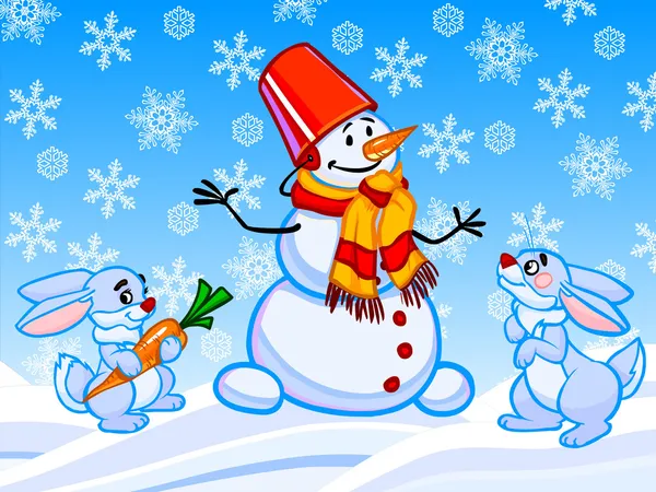 A ilustração dos desenhos animados de um boneco de neve e dois coelhos . — Fotografia de Stock