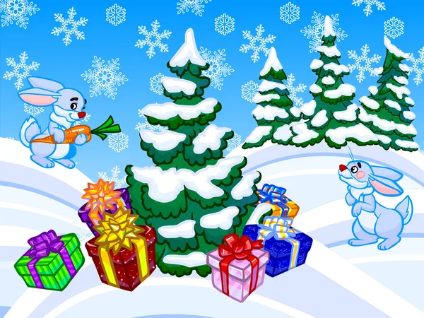 The winter cartoon illustration of a christmas tree and two rabb — Stock Image The winter cartoon illustration of a christmas tree and two rabb Royalty Free Stock Images