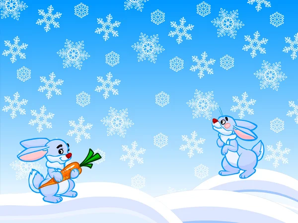 A ilustração dos desenhos animados de inverno de dois coelhos e flocos de neve . — Fotografia de Stock