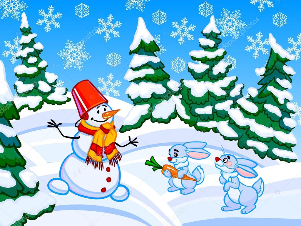 The cartoon coniferous snowy forest with a snowman and two rabbi