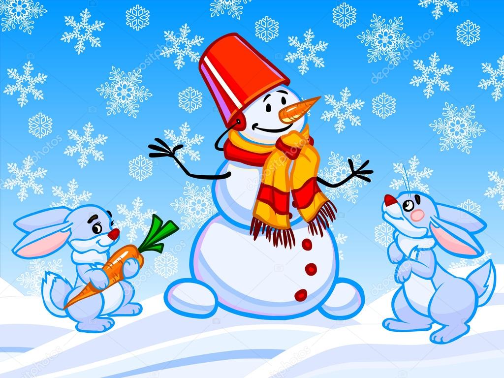 The cartoon illustration of a snowman and two rabbits.