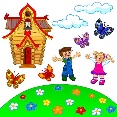 illüstrasyon karikatür çim, çocuklar, ev, bulutlar ve butterflie