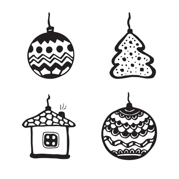 Decoración de juguetes de Navidad en estilo doodle. Año nuevo bolas silueta. — Vector de stock
