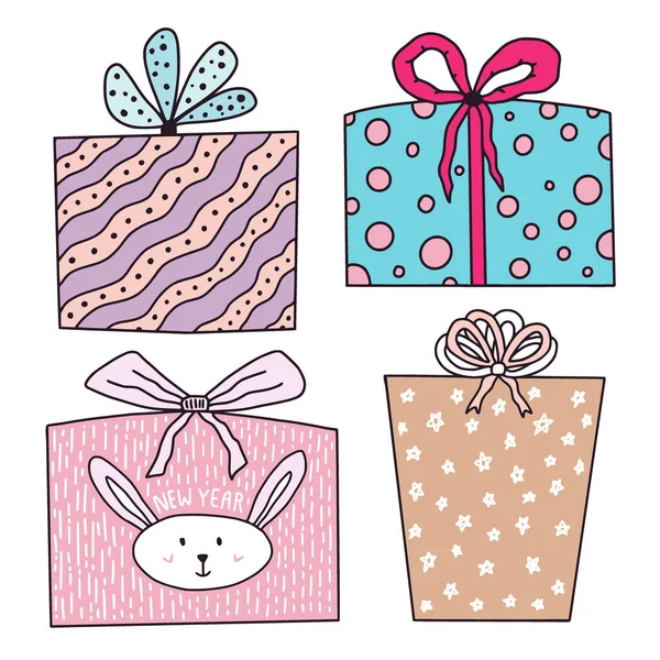 カラフルなギフトボックスコレクション グリーティングカードのためのクリスマスや誕生日プレゼントの装飾 — ストックベクタ