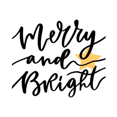Neşeli ve parlak. Kaligrafik metni olan Noel tebrik kartı.