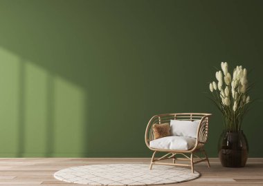 Ev içinde boş duvar maketi yeşil arka planda rattan sandalye, ahşap masa ve oturma odasında dekor, panorama, 3D çizim