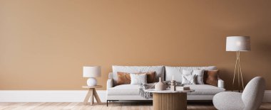 White sofa in beige interior background, minimal wooden style, panorama, 3d render