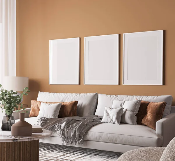 Poster Frame Mock Home Interior Living Room Beige White Colors — Zdjęcie stockowe