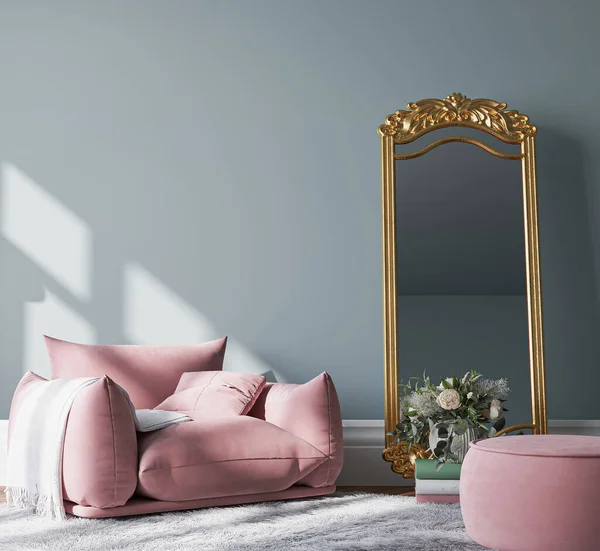 Maqueta Pared Vacía Sala Estar Moderna Con Sillón Rosa Espejo —  Fotos de Stock