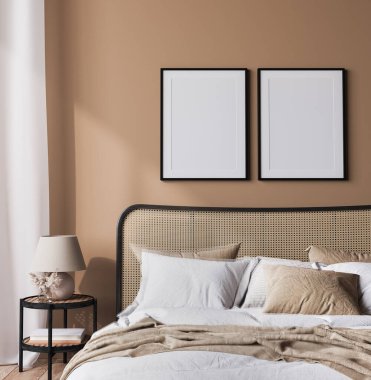 Bright bedroom mockup, rattan wooden bed in a beige background, wall mock up in a neutral colors room interior, 3d render
