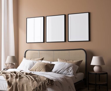 Bright bedroom mockup, rattan wooden bed in a beige background, wall mock up in a neutral colors room interior, 3d render