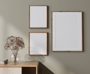 Model çerçeve yeşil oturma odasının iç arka planında ahşap rattan mobilyalar, 3D görüntüleme.