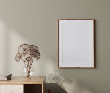 Mockup frame close up in green living room interior background with wooden rattan furniture, 3d render
