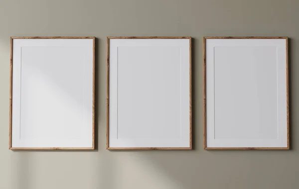 Frame Mokup Tři Plakáty Zeleném Pozadí Interiéru Minimální Design Vykreslení — Stock fotografie