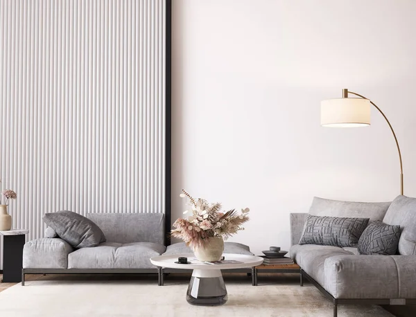 Modernes Wohnzimmerdesign Graues Sofa Und Getrocknete Blumenvase Weißen Innenhintergrund Render — Stockfoto