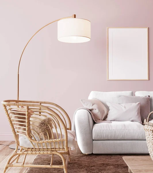 Boho style living room in pink colors, bright home interior, 3d render