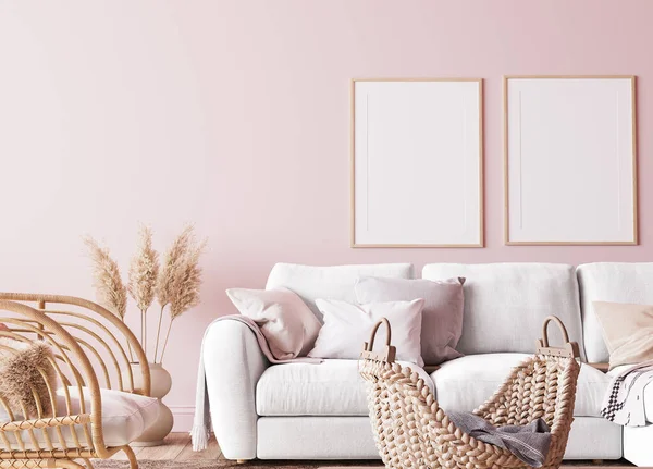 Boho Style Living Room Pink Colors Bright Home Interior Render — 스톡 사진