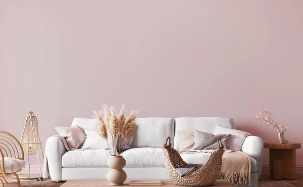 Boho Style Living Room Pink Colors Bright Home Interior Render — 图库照片