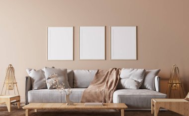 Poster mock up in minimal living room design, white sofa with wooden furniture in bright beige interior background, 3d render