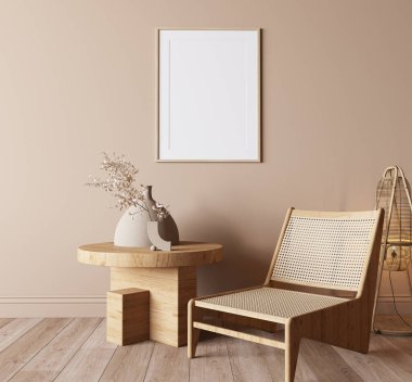 Minimal living room design, farmhouse wooden furniture in bright beige interior background, 3d render