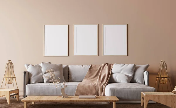 Poster Mock Minimal Living Room Design White Sofa Wooden Furniture — Stockfoto