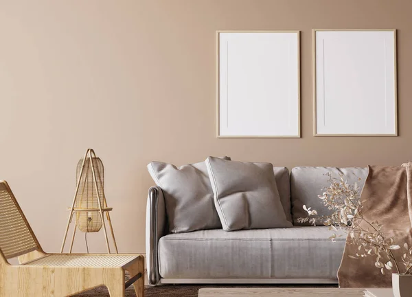 Poster Attrappe Minimalen Wohnzimmerdesign Weißes Sofa Mit Holzmöbeln Hell Beigen — Stockfoto