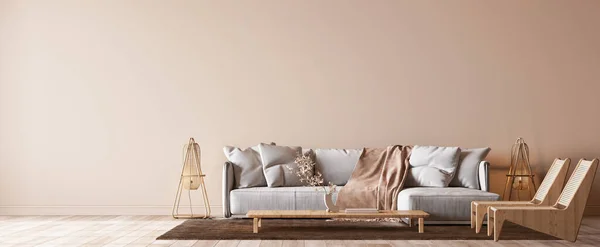 Minimal living room design, white sofa with wooden furniture in bright beige interior background, 3d render