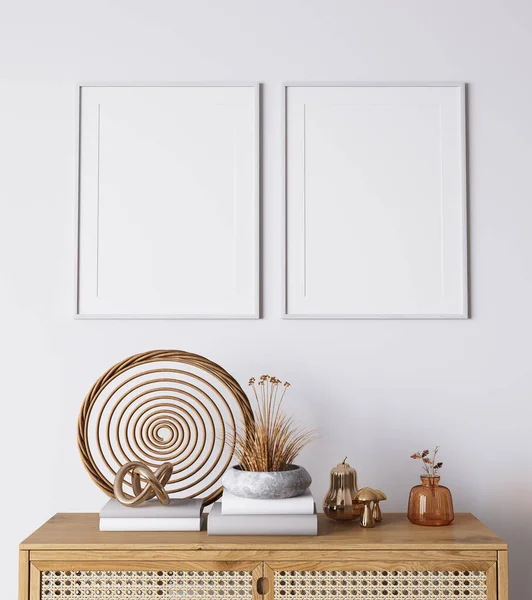 Bright Living Room Design Poster Mockup White Room Interior Rattan — Stockfoto