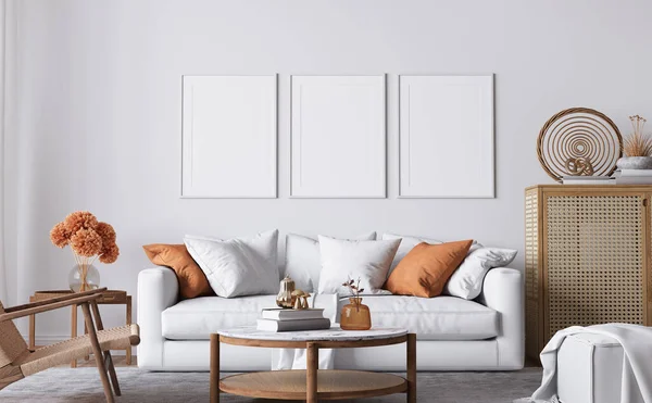 Bright living room design, poster mockup in white room interior with rattan furniture and minimal sofa, Scandinavian style, 3d render, 3d illustration