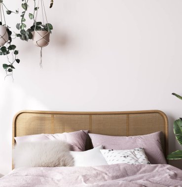 Çiftlik evinin içi yatak odası, beyaz odada boş duvar modeli ahşap mobilyalar ve bir sürü yeşil bitki, 3D işlemeli.