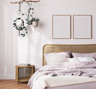 Çiftlik evinin içi yatak odası, beyaz odada boş duvar modeli ahşap mobilyalar ve bir sürü yeşil bitki, 3D işlemeli.