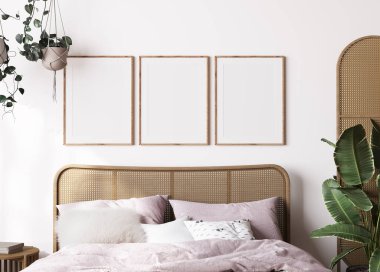 Çiftlik evinin içi yatak odası, beyaz odada boş duvar modeli ahşap mobilyalar ve bir sürü yeşil bitki, 3D işlemeli.