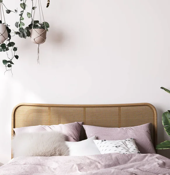 Çiftlik evinin içi yatak odası, beyaz odada boş duvar modeli ahşap mobilyalar ve bir sürü yeşil bitki, 3D işlemeli.