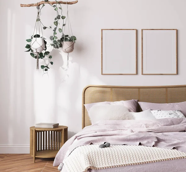 Çiftlik evinin içi yatak odası, beyaz odada boş duvar modeli ahşap mobilyalar ve bir sürü yeşil bitki, 3D işlemeli.