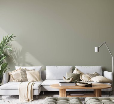 Modern oturma odası tasarımında duvar modeli, yeşil iç planda minimal beyaz kanepe, 3D tasarım.