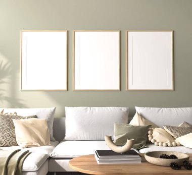 Modern oturma odası tasarımında ahşap şöhret modeli, yeşil iç planda minimal beyaz kanepe, 3D canlandırma.